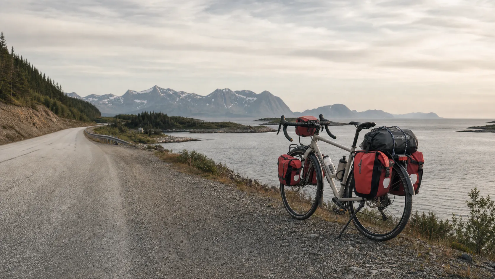 Vélo chargé sur une route côtière du nord